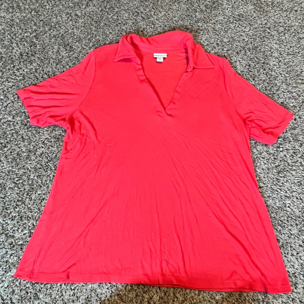 Ava & Viv Womens XXL Coral Pink Ribbed Knit Short Sleeve V-Neck‎ Polo Shirt